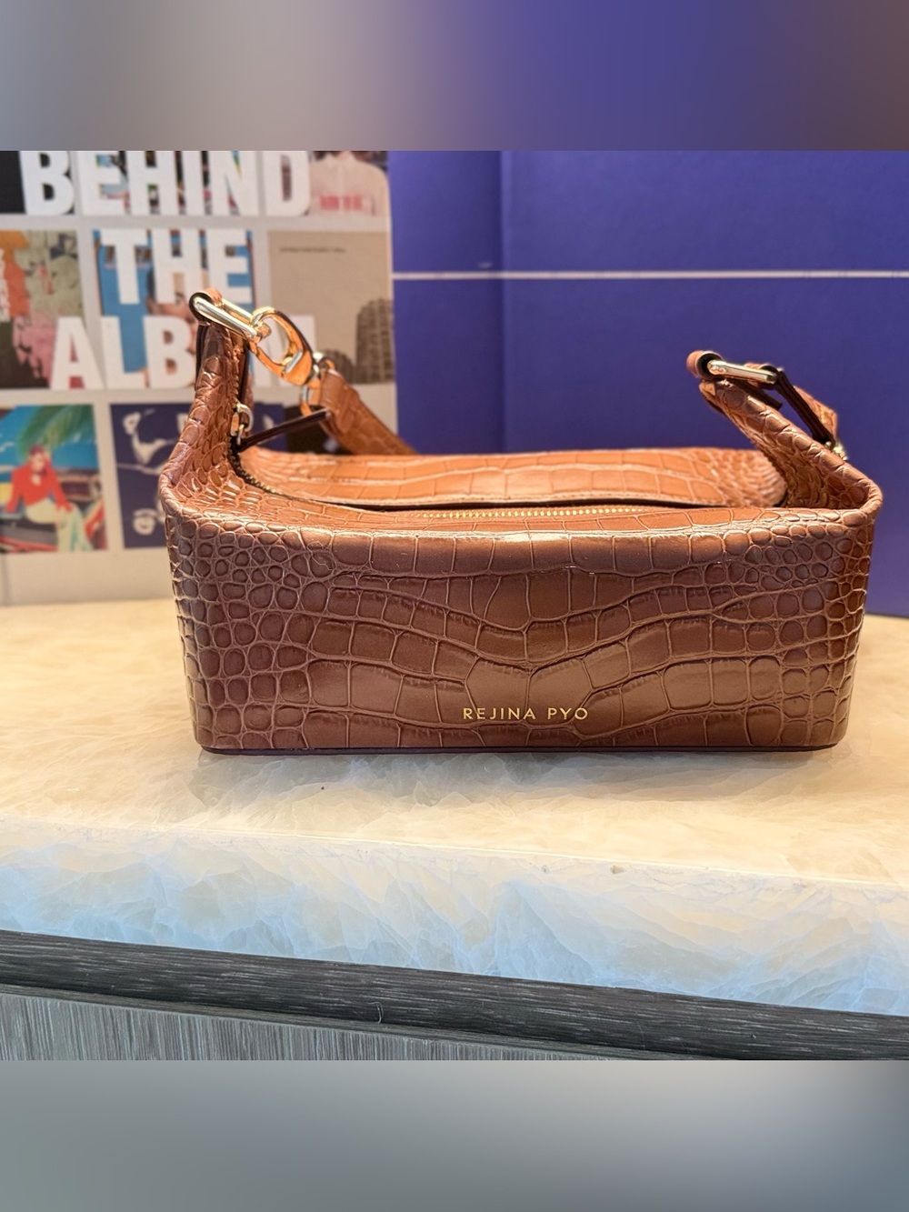 Rejina Pyo Croc-Embossed Chestnut Shoulder Bag